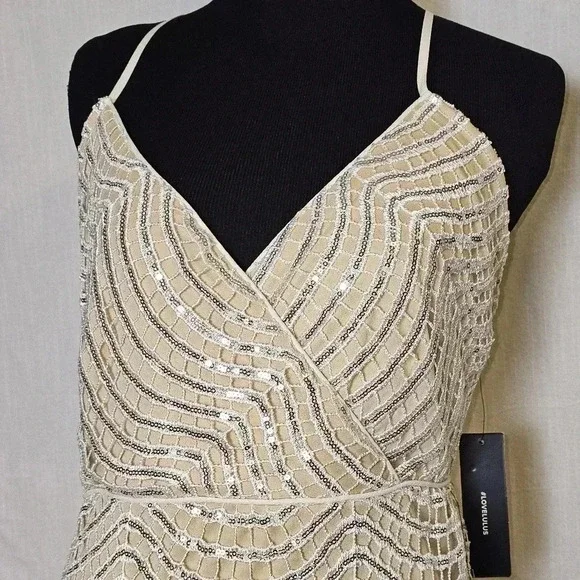 Lulus Tan and Silver Sequin CrissCross Adjustable Straps Mini‎ Dress Sz L - Picture 5 of 12